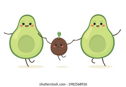 Aguacate. Feliz aguacate con el bebé. Ilustración vectorial.