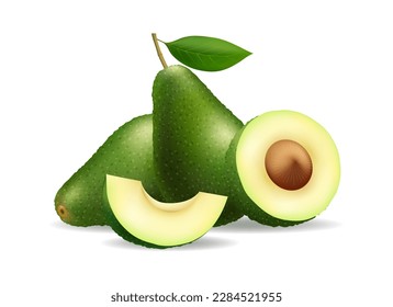 Avocado harvest. Avocados whole cutted and slices realistic illustration isolated, alligator pear dessert 3d vector image on white, ripe fresh alpocado for guacamole