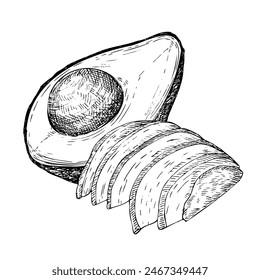 Avocado hat grafische Vektorillustration, handgezeichnete Skizze von Gemüse, geschnittene Avocado. In: Botanical Drawing of Tropical Fruit. Gravur für Lebensmittelverpackungsdesign. Pflanzenskizze