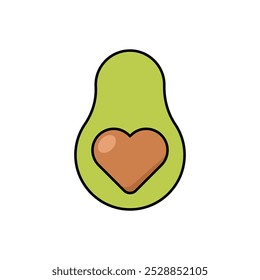 Avocado with heart shaped seed. Linear minimalistic illustration of cut avocado berry with seed in the shape of heart. Healthy eating, organic food concepts.