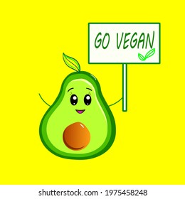 Avocado holds a sign that says go vegan