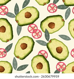Abacate e pimenta quente design de padrão sem costura. Padrão de legumes abacate para embalagem de alimentos e impressões de cozinha, cosméticos, ilustração de vetor de estilo simples desenhado à mão.