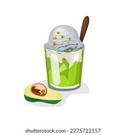 Avocado ice cream in a clear glass.There is a sliced avocado on the side.vector illustration isolated on white background