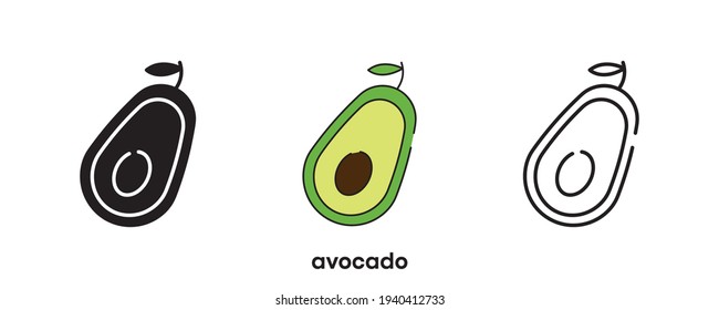 Avocado Ikone Design. Avocado Symbol in Silhouette, bunt und linear. Avocado Symbol Linie Vektorgrafik einzeln auf sauberem Hintergrund für Ihr Web-Mobile-Anwendungs-Logo-Design. Line Art.