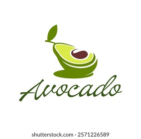 Avocado icon featuring a halved fruit with seed and leaf, symbolizing freshness and health. Isolated vector modern minimal emblem or label for branding in eco food, nutrition, or wellness industries