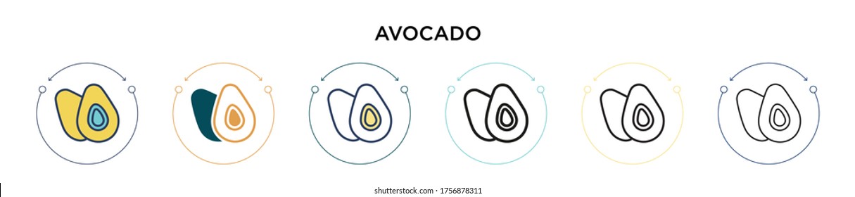 Icono de aguacate en el estilo relleno, delgado, contorno y trazo. Ilustración vectorial de dos iconos vectoriales de aguacate de color y negro se puede utilizar para móviles, ui, web