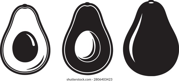 Avocado icon set, black silhouette vector illustration of whole and sliced avocado with seed isolated on a white background.