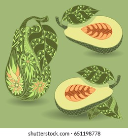 Avocado icon set. Doodle and zentangle style. Hand drawn.  Vector illustration.