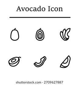 Avocado icon set featuring fresh fruit illustrations, healthy food symbols, organic elements, nutrition graphics, and modern designs perfect for branding and marketing.