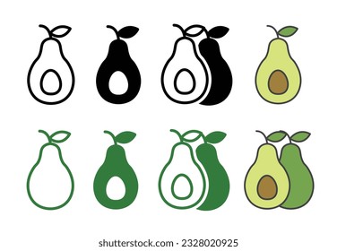 Avocado icon set in fill and outline style in black and green color.