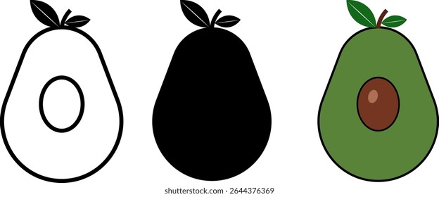 avocado icon set. tropical healthy nutrition. health food exotic. nutritious natural food and avocado slices 
