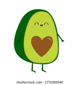 Icono de aguacate. Cara sonriente. Semilla de forma cardíaca. Cute caricatura kawaii personaje gracioso de bebé. Tarjeta de felicitación. Feliz Día de San Valentín. Alimentos saludables. Diseño plano. Fondo blanco. Aislado. Ilustración del vector