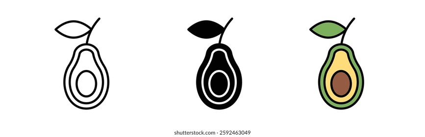 Avocado icon, Three avocado icons showcasing different graphic styles, outline, solid silhouette, and colorful illustration with seed detail, isolated on white background