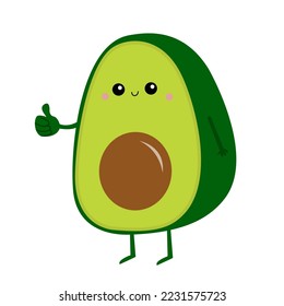 Avocado icon. Thumbs up. Smiling face. Cute cartoon kawaii funny baby character. Thumb up. Greeting card. Happy Valentines day. Healthy food. Flat design. White background. 