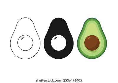 Avocado icon vector in different graphic style outline, solid silhouette and colorful illustration with seed detail, avocado icon for apps and web