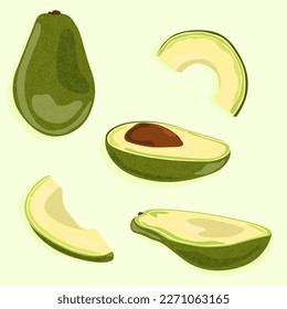 Avocado icons from different sides. Avocado whole and sliced. Isolated vector image of vegetables. Vector image of food.