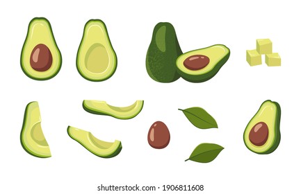 Avocado icons set. Bright green whole fruit or vegetables, half, slices, with a large seed. Food for a healthy diet. Vector flat illustration