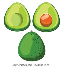 Avocado icons set. Bright green whole fruit or vegetables, half, slices, with a large seed. Food for a healthy diet. Vector flat illustration