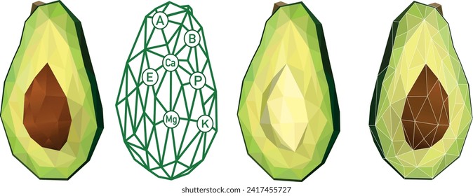 Avocado icons set. Bright green whole fruit or vegetables, half, slices, with a large seed. Food for a healthy diet. Low poly style