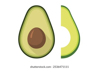 Avocado icons set. Bright green whole fruit or vegetables, half, slices, with a large seed. Food for a healthy diet. Vector flat illustration