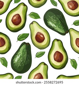 Avocado icons set. Bright green whole fruit or vegetables, half, slices, with a large seed. Food for a healthy diet. Vector flat illustration	