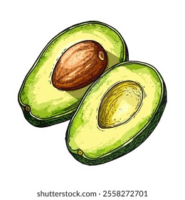 Avocado icons set. Bright green whole fruit or vegetables, half, slices, with a large seed. Food for a healthy diet. Vector flat illustration	