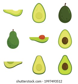 Iconos de aguacate. Conjunto plano de iconos vectoriales de aguacate aislados en fondo blanco