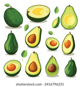 Avocado icons set. whole and half fruit or vegetables, slices, Food for a healthy diet. Vector flat illustration, avocado set collection