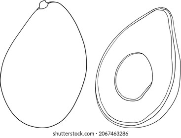 Avocado icons. Whole fruit or vegetables, half, slices, with a large seed. Food for a healthy diet. Vector coloring pages.
