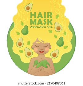 Avocado igredient for hair care vector illustration. Avocado hair mask or shampoo label packagining design. Cartoon cute blonde girl with long wavy hair enjoys the hair product