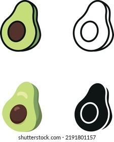 Avocado-Illustration in flachem Stil, Linienkunst, Silhouette und farbigen Symbolen