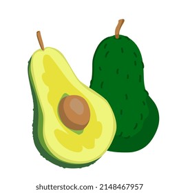 Ilustración de aguacate. Vocado verde, medio corte y entero. Ilustración vectorial de la verdura aguacate al estilo de las caricaturas aisladas en blanco.