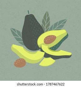 Avocado Illustration für Plakate oder Verpackungen. Reife ganz, Hälfte von Obst und geschnitten Avocado mit Blättern auf glänzendem Hintergrund.