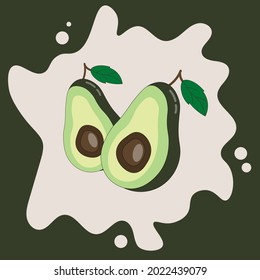 Avocado illustration for poster or packaging. Ripe fruits with leaves on a light background. Avocado halves for a healthy lifestyle. Vegan product. Bright vector for print, advertising, web.