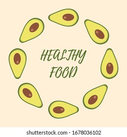 Avocado illustration. Avocado round frame. Colored illustration. Can used for packaging design. Avocado food. healthy food logo.