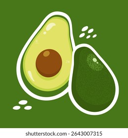 Ilustração abacate com contorno branco. Vetor alimentar saudável. Desenho de fruta. Pode ser usado para papel de parede, adesivo e decoração