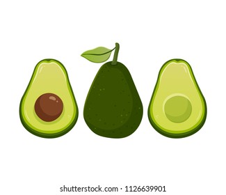 Avocado illustrations isolated on white background. Slice and whole fruit. Vegetarian food vector in cute cartoon style.