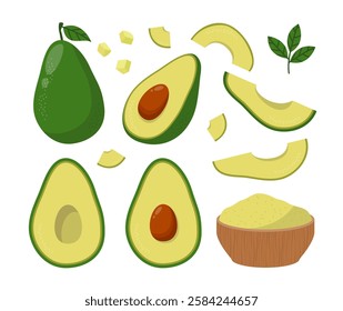 Avocado Isolated Collection. Whole, Sliced, Half, Chopped Avocado Set.