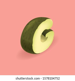 Avocado isometric letter G. Vector handcrafted alphabet. Organic set for vegans