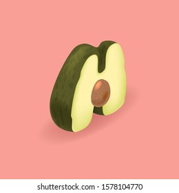 Avocado isometric letter H. Vector handcrafted alphabet. Organic set for vegans