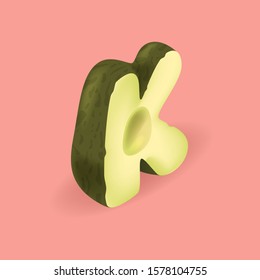 Avocado isometric letter K. Vector handcrafted alphabet. Organic set for vegans