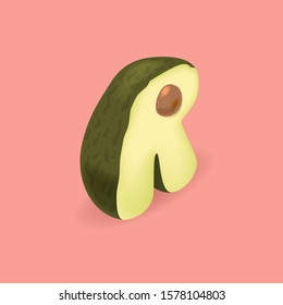Avocado isometric letter R. Vector handcrafted alphabet. Organic set for vegans