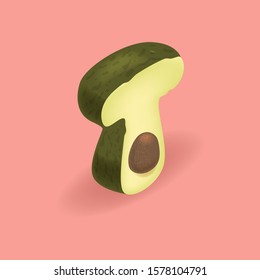 Avocado isometric letter T. Vector handcrafted alphabet. Organic set for vegans