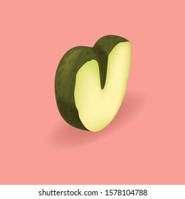 Avocado isometric letter V. Vector handcrafted alphabet. Organic set for vegans
