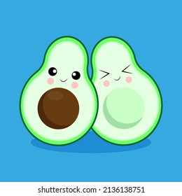 Avocado Kawaii cute mascot face emotion Happy fruit slices with colorful flat cartoon style, avocado emoji banner template vector illustration