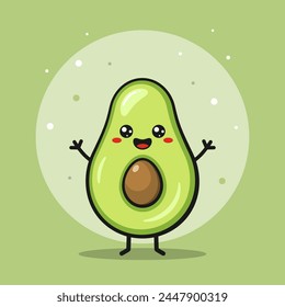 Ilustración plana de kawaii de aguacate. Personaje de Vector estilizado con cara sonriente, manos y piernas sobre fondo verde.