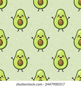 Avocado kawaii vector seamless pattern. Stylized vector character with smiling face, hands and legs on green background.