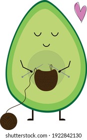 Сute avocado knitting its own seed. Cartoon character love handmade. Smiling vector fruit have fun.
