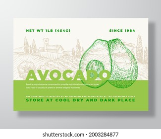 Avocado Label Template. Abstract Vector Packaging Design Layout. Modern Typography Banner with Hand Drawn Fruit and Rural Landscape Background. Isolated.