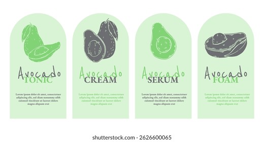 Avocado labels set in linocut style. Banners Design template collection. Cosmetics ingredient. Hand drawn ink sketch plant from package design. Ecology concept. Vector illustration.